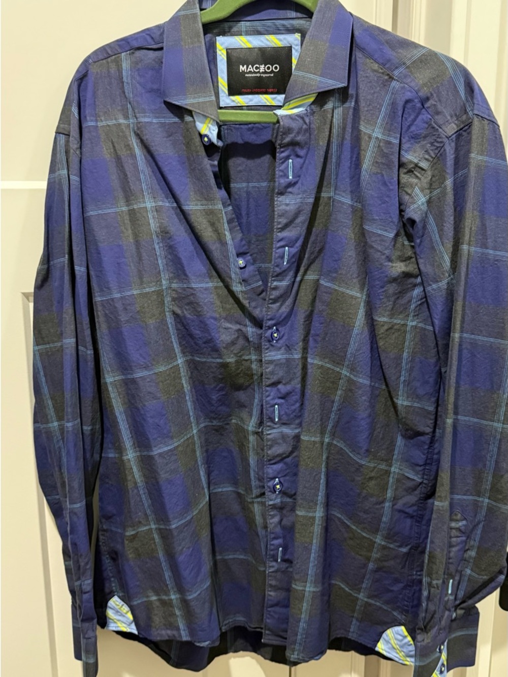 MAC Cosmetics navy and black plaid shirt with yellow-accent label